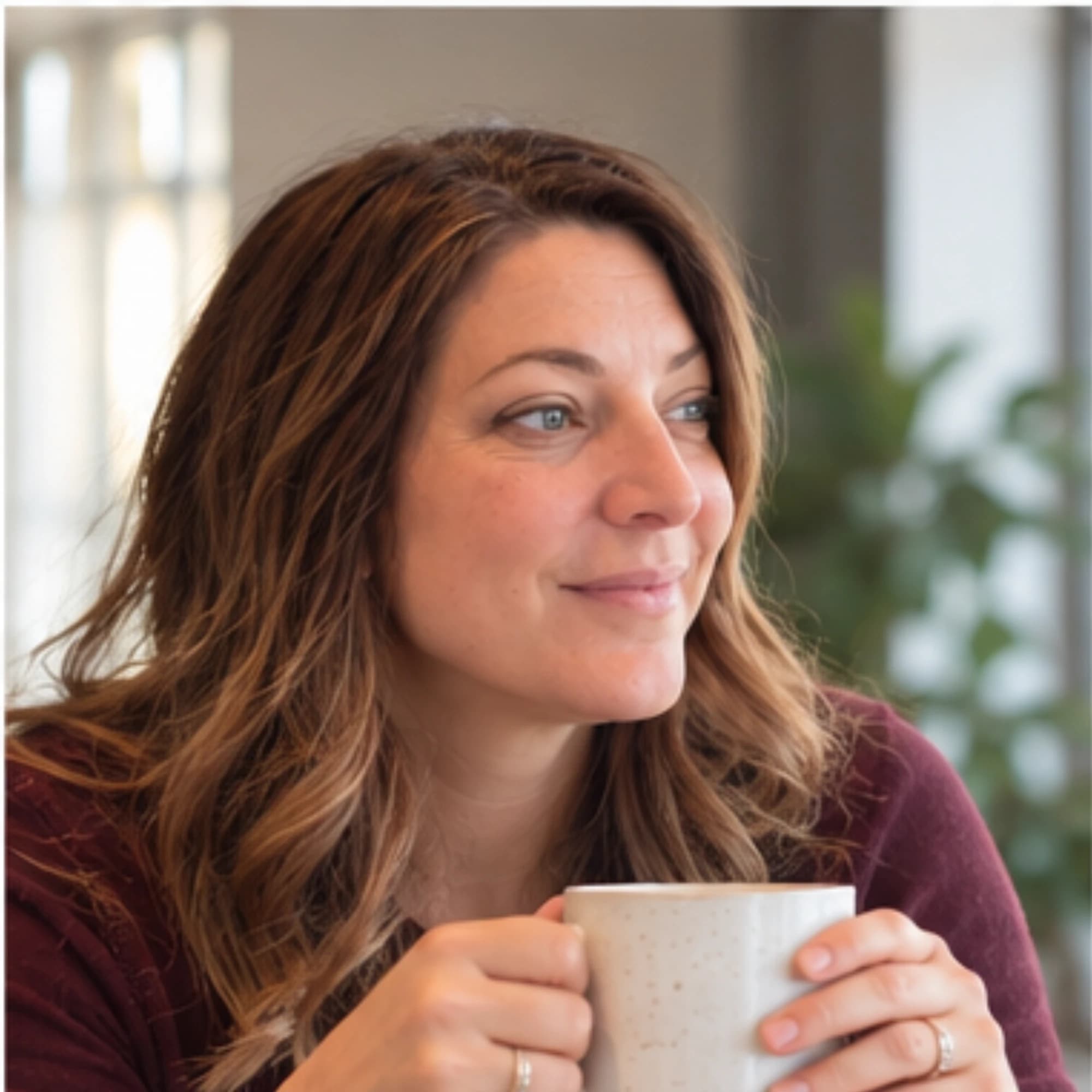 Kori Haring holding a coffee mug and smiling thoughtfully