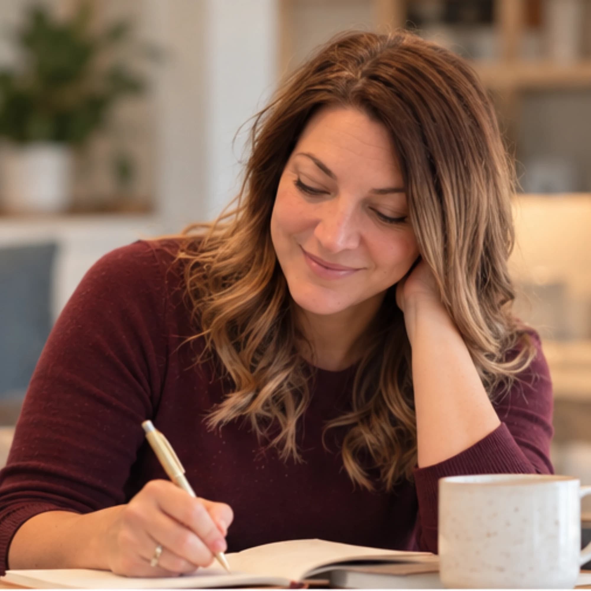 Kori Haring writing in a workbook with a cup of coffee beside her